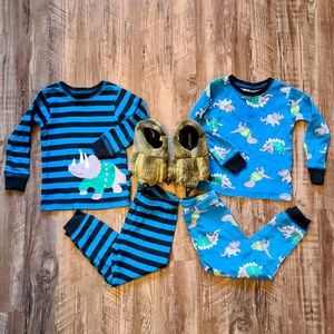 2T Boy Long Sleeve Pajamas Bundle & Dino Feet Slippers - Dinosaurs with Sweaters